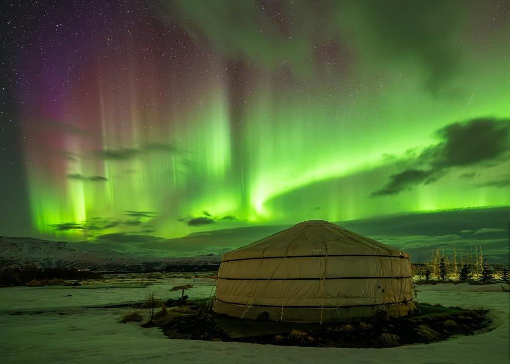 Yurts van Náttúra Yurtel in het landschap
